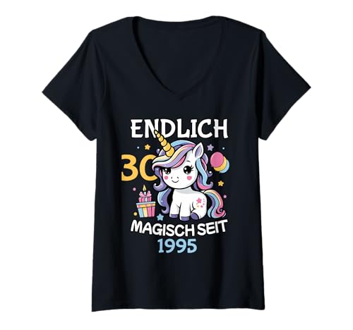 Damen Endlich 30 Magisch Seit 1995 Lustig 30. Geburtstag Mädchen T-Shirt mit V-Ausschnitt von 30 Jahre Geburtstag Einhorn Lustig Geschenk Deko