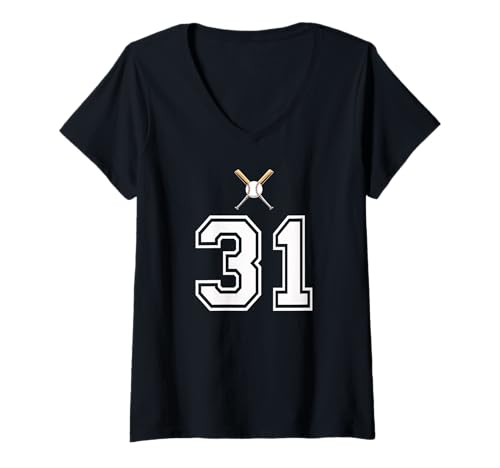 Damen 31 Nummer Baseball Style Vintage Weiß T-Shirt mit V-Ausschnitt Damen 31 Nummer Baseball Style Vintage Weiß T-Shirt mit V-Ausschnitt von 31 Nummer Baseball Style Weiß