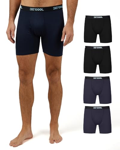 32 Degrees Coole Herren-Boxershorts, schnelltrocknend, mit komfortablem, elastischem Bund, 4 Stück, 2 Schwarz/2 Marineblau von 32 Degrees