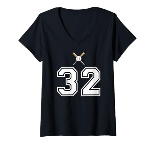 Damen 32 Nummer Baseball Style Vintage Weiß T-Shirt mit V-Ausschnitt Damen 32 Nummer Baseball Style Vintage Weiß T-Shirt mit V-Ausschnitt von 32 Nummer Baseball Style Weiß