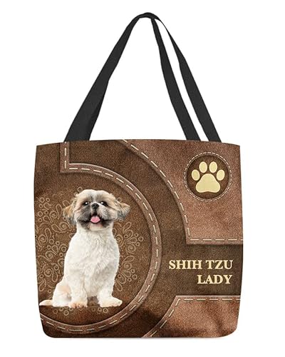 321 Umhängetasche Damen Shih Tzu Lady Dog Ledermuster Großem Volumen Schulausflug Badetasche Unisex Büro Schultertasche 15X50X40cm von 321