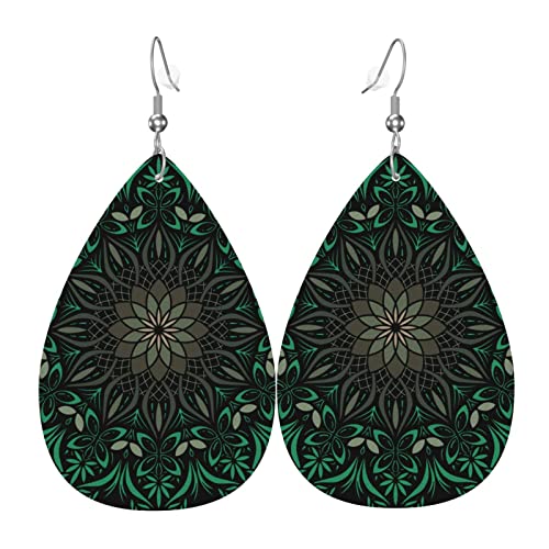 Leder Tropfen Ohrringe Mandala-Grünes Psychedelisches Schwarzes Wassertropfen Ohrringe Leichte Leder Ohrringe Damen Gedruckte Ohrringe Leder Für Frauen Mädchen Ornament von 321
