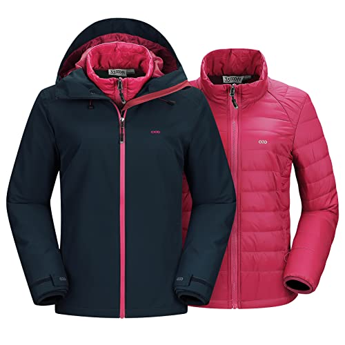 33,000ft Damen 3-in-1 Skijacke Wasserdichte Doppeljacke Winterjacke Snowboardjacke Gefüttert Regenmantel Funktionsjacke Softshell Winterjacke mit Kapuze & 7 Taschen Darkblau+Rosa L von 33,000ft