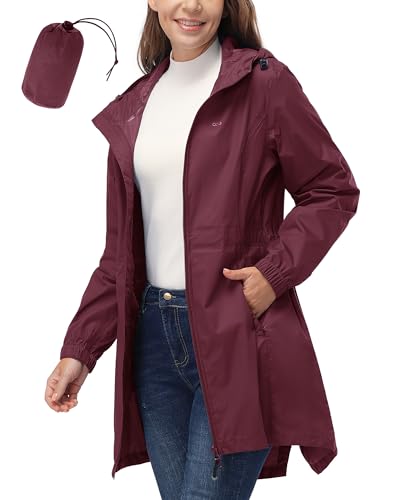 33,000ft Damen Dünne Wasserdichte Faltbar Regenmantel Regenjacke mit Kapuze, Leicht Atmungsaktive Travel Regenponcho, Lange Windbreaker Jacke für Frauen Weinrot L von 33,000ft