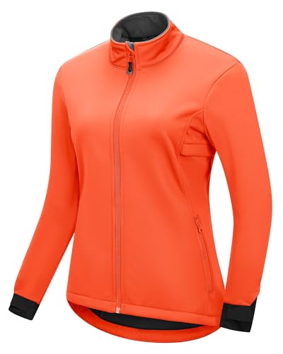 33,000ft Damen Fahhradjacke Wasserdichte Softshelljacke Winddichte Laufjacke Funktionsjacke Fleece Gefütterte Übergangsjacke Reflektierend Winter zum Radfahren, Laufen Orange XL von 33,000ft