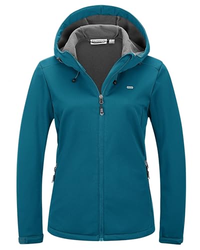 33,000ft Damen Fleece Gefütterte Softshelljacke Wasserdichte Funktionsjacke Fahhradjacke mit Kapuze Winddichte Übergangsjacke Windbreaker zum Radfahren, Wandern Dodge Blau 38 von 33,000ft