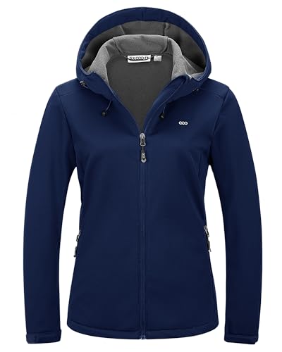 33,000ft Damen Fleece Gefütterte Softshelljacke Wasserdichte Funktionsjacke Fahhradjacke mit Kapuze Winddichte Übergangsjacke Windbreaker zum Radfahren, Wandern Navy 40 von 33,000ft