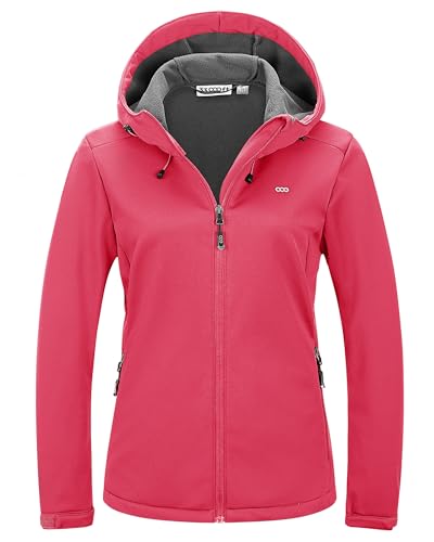 33,000ft Damen Fleece Gefütterte Softshelljacke Wasserdichte Funktionsjacke Fahhradjacke mit Kapuze Winddichte Übergangsjacke Windbreaker zum Radfahren, Wandern Rosa 42 von 33,000ft