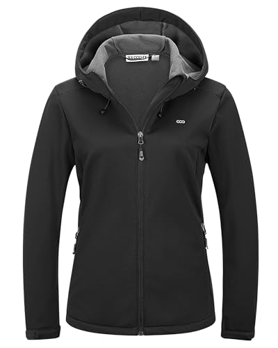 33,000ft Damen Fleece Gefütterte Softshelljacke Wasserdichte Funktionsjacke Fahhradjacke mit Kapuze Winddichte Übergangsjacke Windbreaker zum Radfahren, Wandern Schwarz 46 von 33,000ft