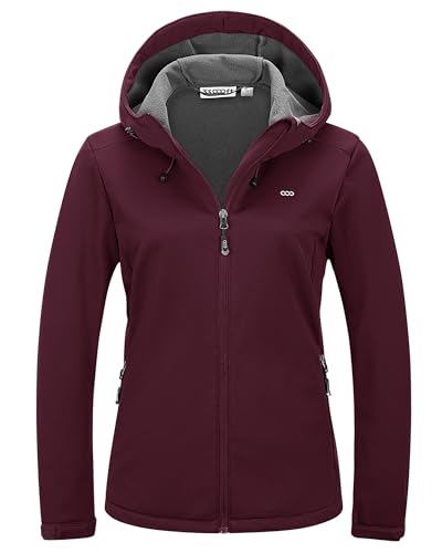 33,000ft Damen Fleece Gefütterte Softshelljacke Wasserdichte Funktionsjacke Fahhradjacke mit Kapuze Winddichte Übergangsjacke Windbreaker zum Radfahren, Wandern Weinrot 36 von 33,000ft