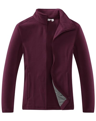 33,000ft Damen Fleecejacke mit Durchgehendem Reißverschluss Stehkragen Damen Leichte Fleece Jacke Antistatische Outdoor Damenjacke für Wandern und Freizeit（Weinrot,42） von 33,000ft