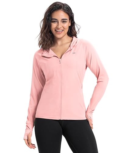 33,000ft Damen Leichte Laufjacke Sportjacke UPF 50+ Hoodie Full Zip Trainingsjacke mit Daumenloch Atmungsaktive Sweatjacke mit 4 Taschen für Laufen Fitness, Hellrosa S von 33,000ft