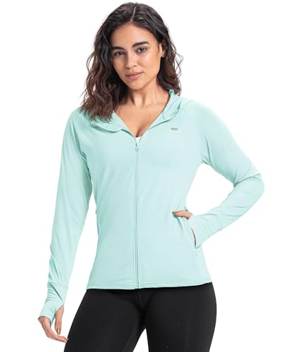 33,000ft Damen Leichte Laufjacke Sportjacke UPF 50+ Hoodie Full Zip Trainingsjacke mit Daumenloch Atmungsaktive Sweatjacke mit 4 Taschen für Laufen Fitness, Himmelblau 2XL von 33,000ft