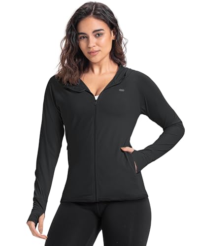 33,000ft Damen Leichte Laufjacke Sportjacke UPF 50+ Hoodie Full Zip Trainingsjacke mit Daumenloch Atmungsaktive Sweatjacke mit 4 Taschen für Laufen Fitness, Schwarz 2XL von 33,000ft