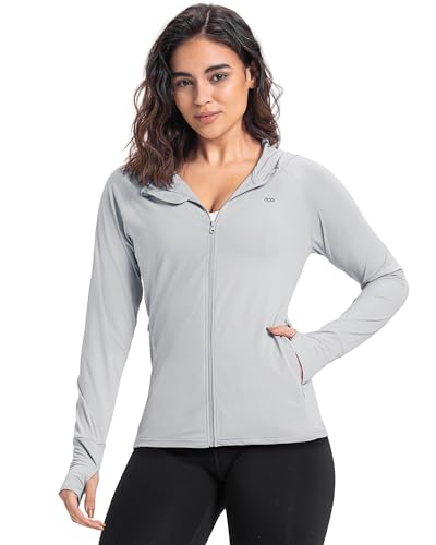 33,000ft Damen Leichte Laufjacke Sportjacke UPF 50+ Hoodie Full Zip Trainingsjacke mit Daumenloch Atmungsaktive Sweatjacke mit 4 Taschen für Laufen Fitness, Silbergrau XS von 33,000ft