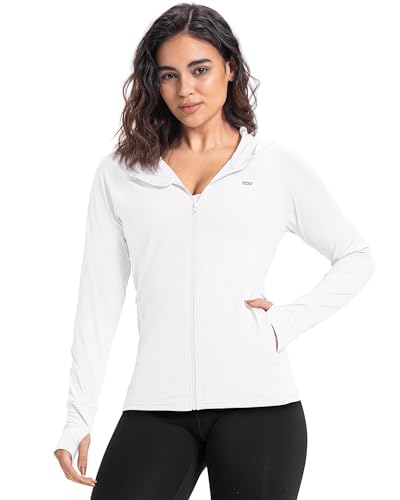 33,000ft Damen Leichte Laufjacke Sportjacke UPF 50+ Hoodie Full Zip Trainingsjacke mit Daumenloch Atmungsaktive Sweatjacke mit 4 Taschen für Laufen Fitness, Weiß S von 33,000ft