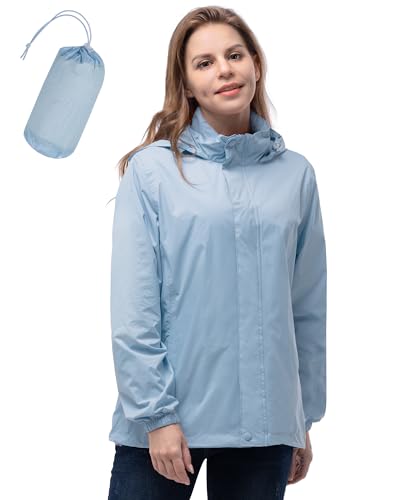 33,000ft Damen Leichte Regenjacken Kapuze Atmungsaktiv Packbar Laufen Regenmäntel Active Trench Windbreaker mit versteckter Kapuze für Radfahren Wandern, Nebeliges Blau, 40 von 33,000ft