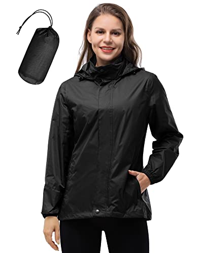 33,000ft Damen Leichte Regenjacken Kapuze Atmungsaktiv Packbar Laufen Regenmäntel Active Trench Windbreaker mit versteckter Kapuze für Radfahren Wandern, Schwarz , 40 von 33,000ft