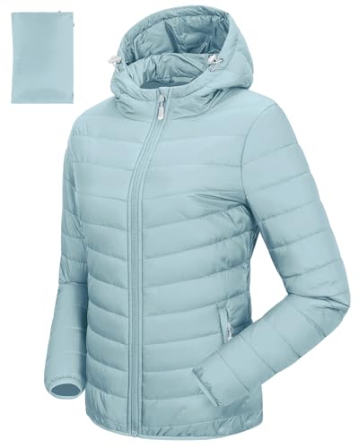 33,000ft Damen Leichte Steppjacke Packbare Übergangsjacke mit Taschen für Frauen Gefüttert Warme Pufferjacke mit Kapuze für Outdoor Freizeit Wandern Aqua Grün M von 33,000ft