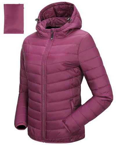 33,000ft Damen Leichte Steppjacke Packbare Übergangsjacke mit Taschen für Frauen Gefüttert Warme Pufferjacke mit Kapuze für Outdoor Freizeit Wandern Dunkel Weinrot L von 33,000ft