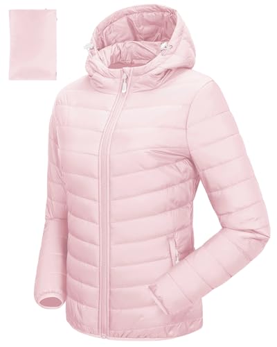 33,000ft Damen Leichte Steppjacke Packbare Übergangsjacke mit Taschen für Frauen Gefüttert Warme Pufferjacke mit Kapuze für Outdoor Freizeit Wandern Hellrosa S von 33,000ft