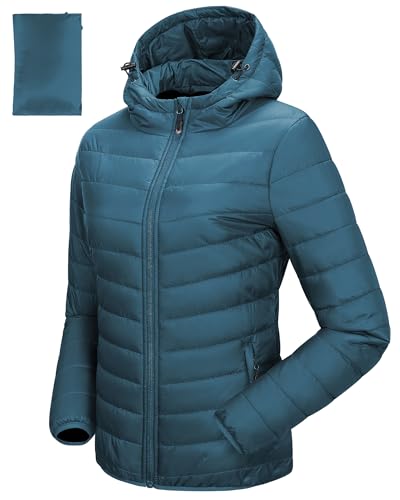 33,000ft Damen Leichte Steppjacke Packbare Übergangsjacke mit Taschen für Frauen Gefüttert Warme Pufferjacke mit Kapuze für Outdoor Freizeit Wandern Petrol Blau M von 33,000ft
