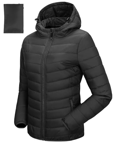 33,000ft Damen Leichte Steppjacke Packbare Übergangsjacke mit Taschen für Frauen Gefüttert Warme Pufferjacke mit Kapuze für Outdoor Freizeit Wandern Schwarz 2XL von 33,000ft