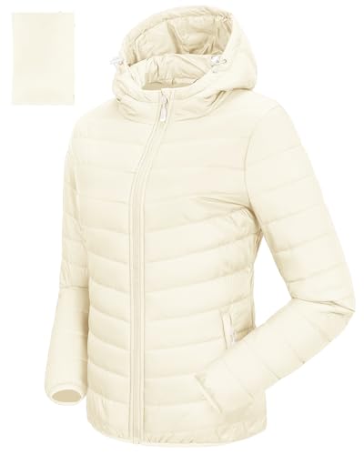 33,000ft Damen Leichte Steppjacke Packbare Übergangsjacke mit Taschen für Frauen Gefüttert Warme Pufferjacke mit Kapuze für Outdoor Freizeit Wandern Beige-weiß L von 33,000ft