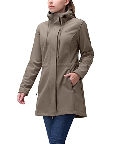 33,000ft Damen Softshelljacke Leichte Wasserdichte Regenjacke Lange Übergangsjacke Funktionsjacke Windjacke Atmungsaktive Softshellmantel mit Kapuze Regenmantel für Wandern Sporten, Khaki 2XL von 33,000ft