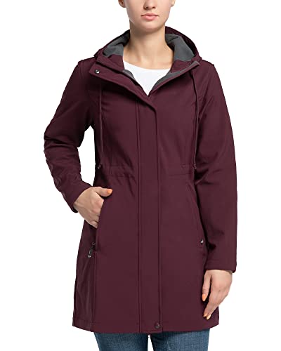 33,000ft Damen Softshelljacke Leichte Wasserdichte Regenjacke Lange Übergangsjacke Funktionsjacke Windjacke Atmungsaktive Softshellmantel mit Kapuze Regenmantel für Wandern Sporten, Weinrot 2XL von 33,000ft