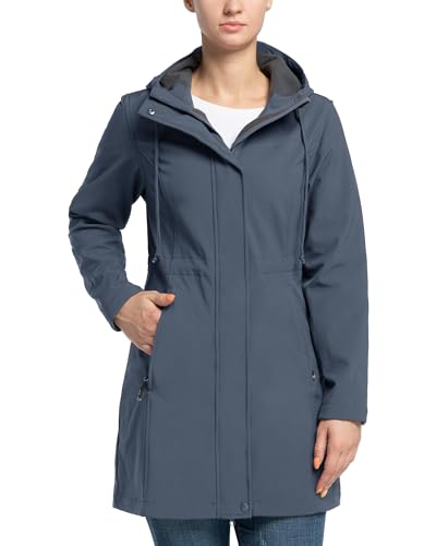 33,000ft Damen Leichte Wasserdichte Softshell Regenjacke Lange Funktionsjacke Übergangsjacke Windjacke Atmungsaktive Regenparka mit Kapuze Regenmantel für Wandern Laufen Sporten Graublau XS von 33,000ft