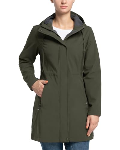 33,000ft Damen Leichte Wasserdichte Softshell Regenjacke Lange Funktionsjacke Übergangsjacke Windjacke Atmungsaktive Regenparka mit Kapuze Regenmantel für Wandern Laufen Sporten Grünlich braun 4XL von 33,000ft