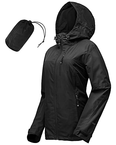 33,000ft Damen Regenjacke, wasserdicht, verstaubar, leicht, atmungsaktiv, Windbreaker, Regenmantel, Outdoor, winddicht, Laufen, Golf, Radfahren, Jacke mit Kapuze, Schwarz , 40 von 33,000ft