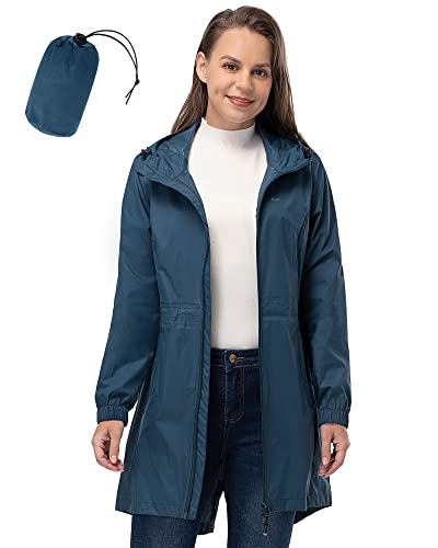 33,000ft Damen Regenjacke Leicht Kapuze Lang Regenmantel Wasserdichte Jacke Damen Packbar Funktionsjacke Windbreaker Atmungsaktiv Aktiv Outdoor Mäntel, Moonlight Blue, 36 von 33,000ft