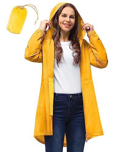 33,000ft Damen Regenjacke Leicht Kapuze Lang Regenmantel Wasserdichte Jacke Damen Verstaubare Funktionsjacke Windbreaker Atmungsaktiv Aktiv Outdoor Mäntel, Orange/Rot, 44 von 33,000ft