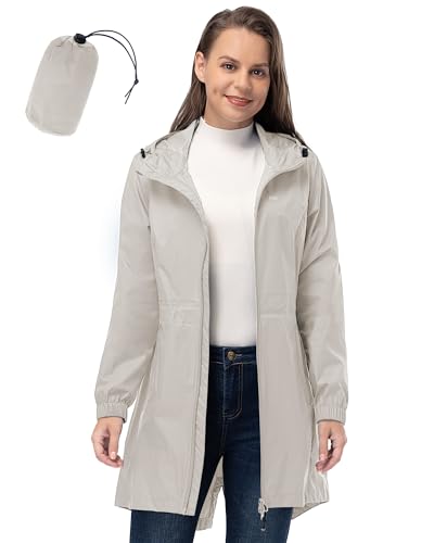 33,000ft Damen Regenjacke Leichte Kapuze Lange Regenmantel Wasserdichte Jacke Damen Packbare Funktionsjacke Windbreaker Atmungsaktiv Active Outdoor Mäntel, beige, 40 von 33,000ft