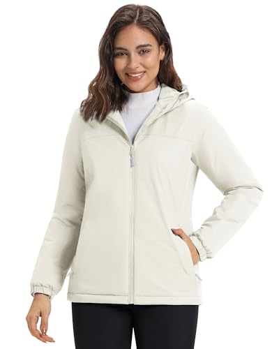 33,000ft Damen Regenjacke Übergangsjacke Wasserdicht Winddicht Fleece Lined Jacket Atmungsaktiv Warme Leichte Wanderjacke mit Kapuze Beige XXL von 33,000ft