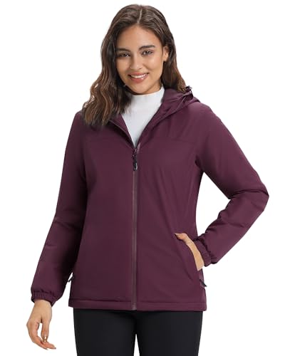 33,000ft Damen Regenjacke Übergangsjacke Wasserdicht Winddicht Fleece Lined Jacket Atmungsaktiv Warme Leichte Wanderjacke mit Kapuze Burgunderrot M von 33,000ft