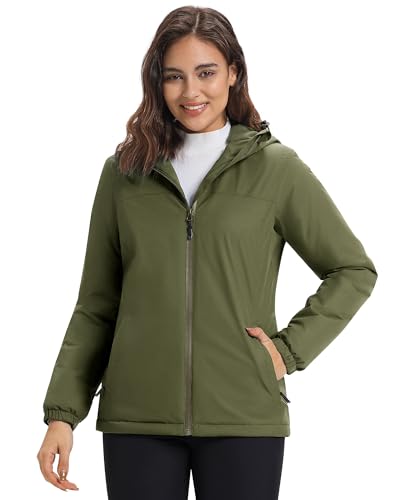 33,000ft Damen Regenjacke Übergangsjacke Wasserdicht Winddicht Fleece Lined Jacket Atmungsaktiv Warme Leichte Wanderjacke mit Kapuze Grün M von 33,000ft