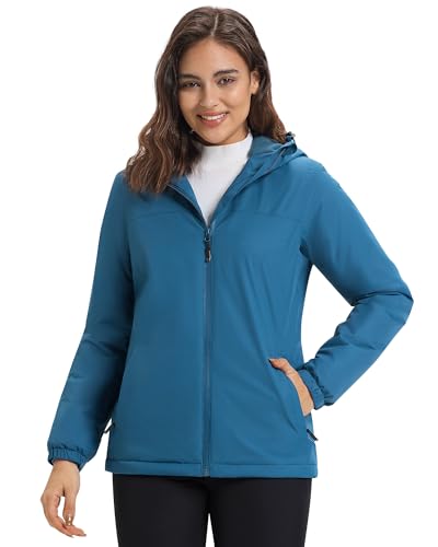 33,000ft Damen Regenjacke Übergangsjacke Wasserdicht Winddicht Fleece Lined Jacket Atmungsaktiv Warme Leichte Wanderjacke mit Kapuze Keramikblau S von 33,000ft
