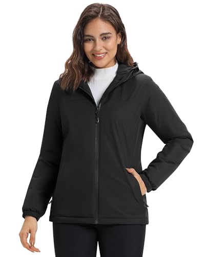 33,000ft Damen Regenjacke Übergangsjacke Wasserdicht Winddicht Fleece Lined Jacket Atmungsaktiv Warme Leichte Wanderjacke mit Kapuze Schwarz S von 33,000ft