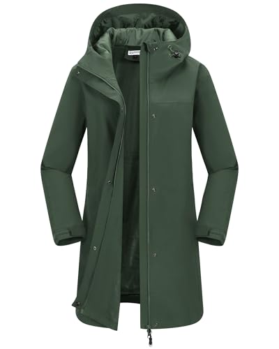 33,000ft Damen Regenjacke Windbreaker Lange Wasserdichte Softshelljacke mit Kapuze Leicht Übergangsjacke Wanderjacke Atmungsaktive Regenmantel für Frühling Sommer und Herbst Armeegrün L von 33,000ft