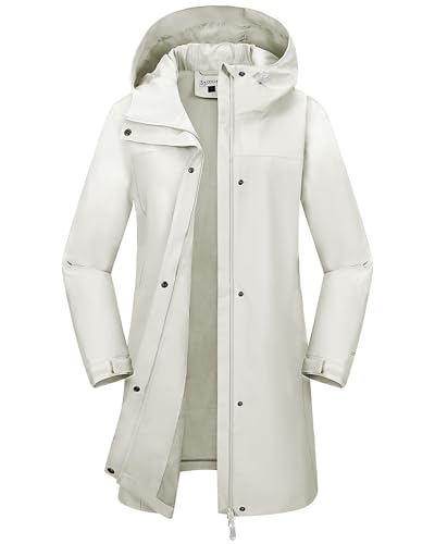 33,000ft Damen Regenjacke Windbreaker Lange Wasserdichte Softshelljacke mit Kapuze Leicht Übergangsjacke Wanderjacke Atmungsaktive Regenmantel für Frühling Sommer und Herbst Beige 3XL von 33,000ft