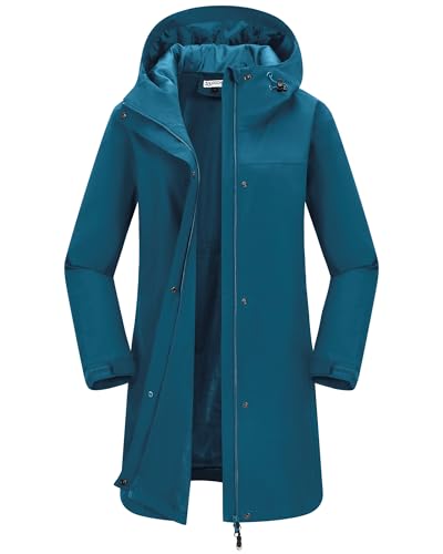 33,000ft Damen Regenjacke Windbreaker Lange Wasserdichte Softshelljacke mit Kapuze Leicht Übergangsjacke Wanderjacke Atmungsaktive Regenmantel für Frühling Sommer und Herbst Blau M von 33,000ft