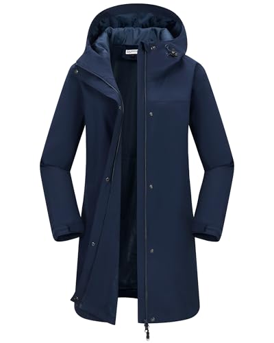 33,000ft Damen Regenjacke Windbreaker Lange Wasserdichte Softshelljacke mit Kapuze Leicht Übergangsjacke Wanderjacke Atmungsaktive Regenmantel für Frühling Sommer und Herbst Navy Blau XXL von 33,000ft
