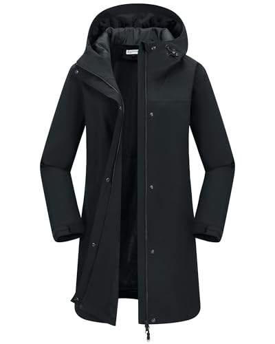 33,000ft Damen Regenjacke Windbreaker Lange Wasserdichte Softshelljacke mit Kapuze Leicht Übergangsjacke Wanderjacke Atmungsaktive Regenmantel für Frühling Sommer und Herbst Schwarz M von 33,000ft