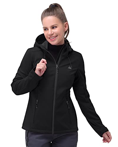 33,000ft Damen Softshelljacke Wasserdichte Winddichte Funktionsjacke Atmungsaktive Übergangsjacke Leichte Fahhradjacke mit Kapuze Windbreaker zum Laufen, Radfahren, Wandern，Schwarz 34 von 33,000ft