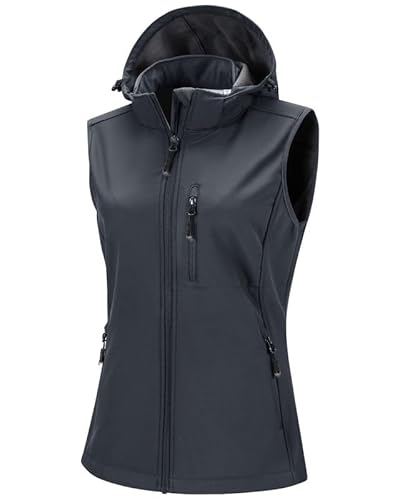 33,000ft Damen Softshell Westen mit Abnehmbare Kapuze Fleece Gefütterte Ärmellose Jacke Wasserdichte Winddichte Sportwesten Vest mit 5 Taschen für Reiten Laufen Wandern Dunkelgrau L von 33,000ft