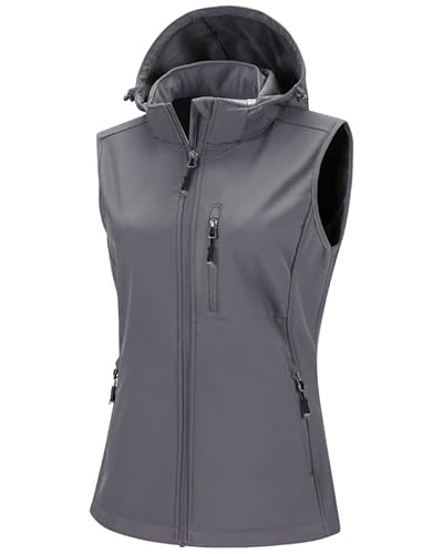 33,000ft Damen Softshell Westen mit Abnehmbare Kapuze Fleece Gefütterte Ärmellose Jacke Wasserdichte Winddichte Sportwesten Vest mit 5 Taschen für Reiten Laufen Wandern Hellgrau XS von 33,000ft