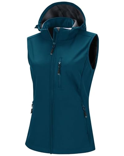 33,000ft Damen Softshell Westen mit Abnehmbare Kapuze Fleece Gefütterte Ärmellose Jacke Wasserdichte Winddichte Sportwesten Vest mit 5 Taschen für Reiten Laufen Wandern Keramik Blau S von 33,000ft